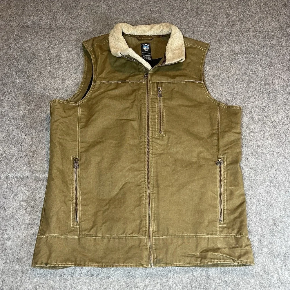 Kuhl Burr Vintage Patina Dye Vest Mens L Brown Canvas Sherpa Collar Outdoors